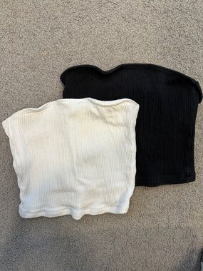 Hollister White and Black Ribbed Strapless Crop Top